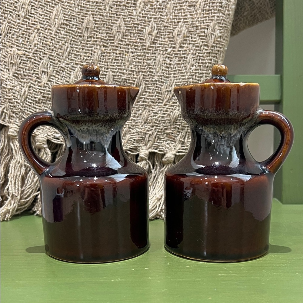 Vintage MCM Drip Glaze Pottery Oil & Vinegar Bottles